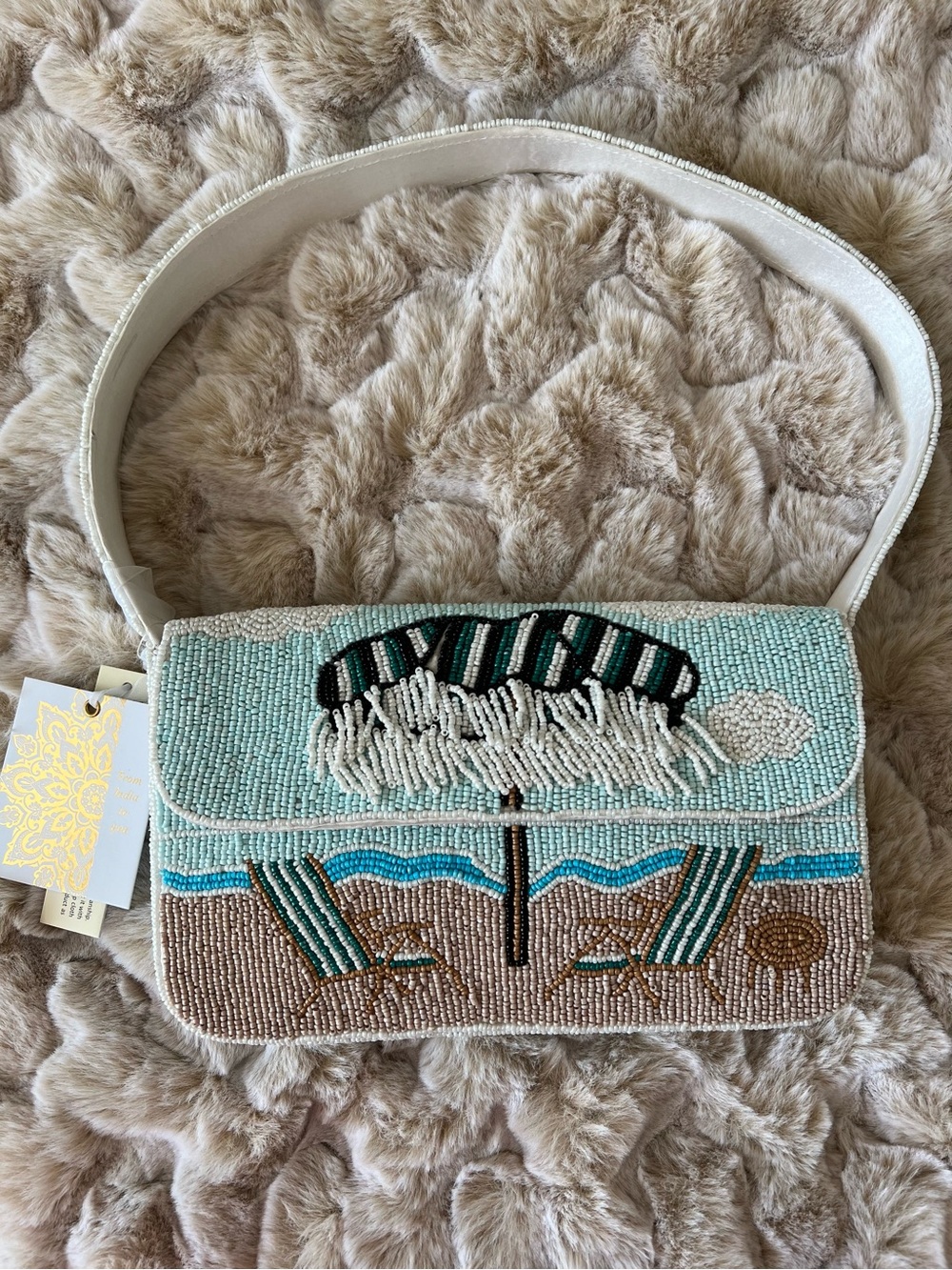 Beaded Beach Scene Beaded Shoulder Bag in Light Blue & White NWT